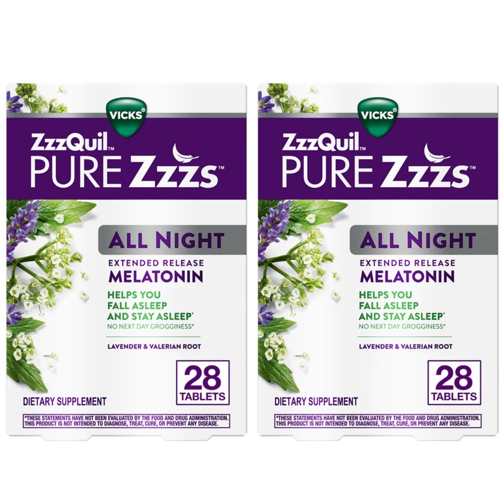 ZzzQuil Pure Zzzs All Night Extended Release, Melatonine slaaphulptabletten, helpt u langer te slapen, slaaphulp voor volwassenen, 2 mg per tablet, 56 tabletten totaal (2 verpakkingen van 28)