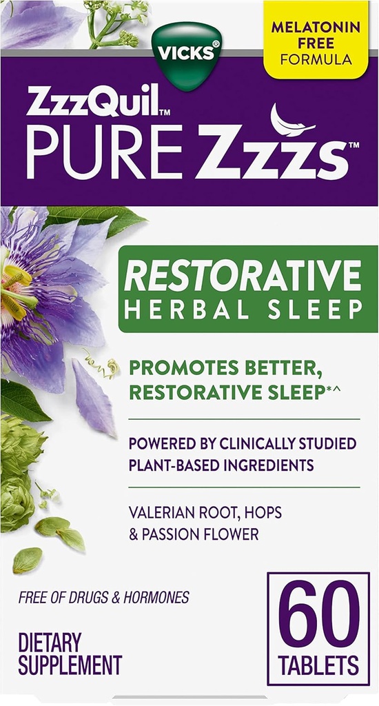 ZzzQuil PURE Zzzs Restauratief Kruidenslaap, Tabletten, Vrij van Drugs en Hormonen, Melatonine-vrije Formule, Valeriaanwortel, Hop, Passiebloem, Slaapmiddelen voor volwassenen, 60 Tellen