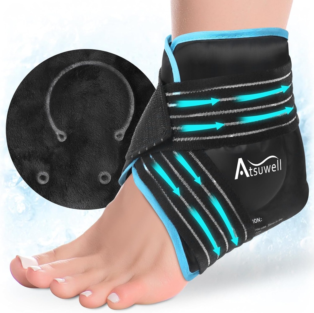 Atsuwell Enkel Ice Pack Wrap, Herbruikbare Gel Ice Pack voor Voet Enkel Heel, Voet Ice Wrap met zachte Plush Lining, Koude Compress therapie voor rustgevende Ongemak, Zwart
