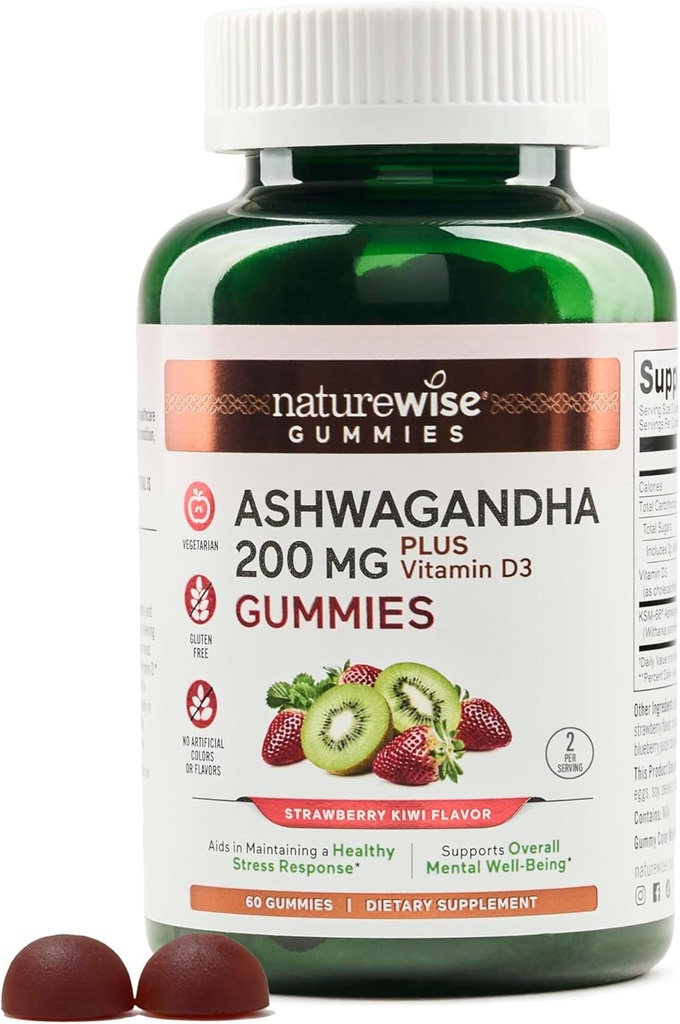 NatureWise Ashwagandha Gummies - Strawberry Kiwi - KSM-66 met vitamine D3 - Calming Mood Support - Vegetarian - Non-GMO, Gelatine en Glutenvrij - 60 Tel[1-maand voorraad]