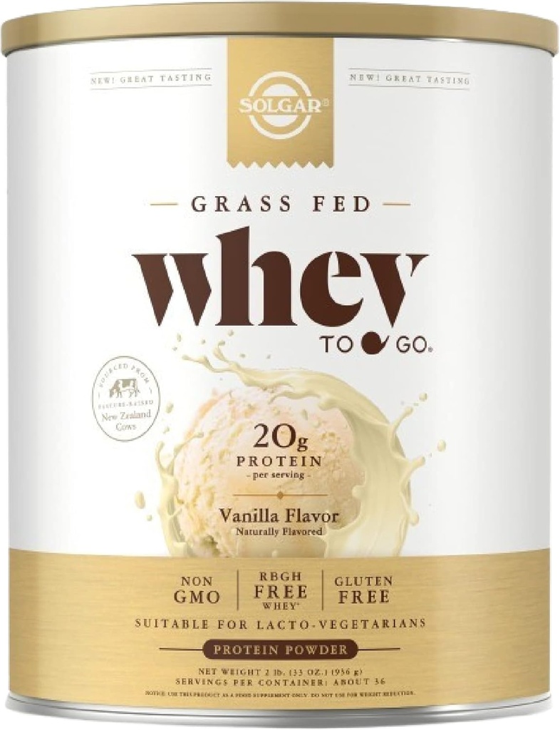 Solgar Grass Fed Whey to Go, Vanille - 2 lb - Grass-Fed Wei Proteïne Poeder - rBGH Vrij, Non-GMO, Glutenvrij - 36 Servers