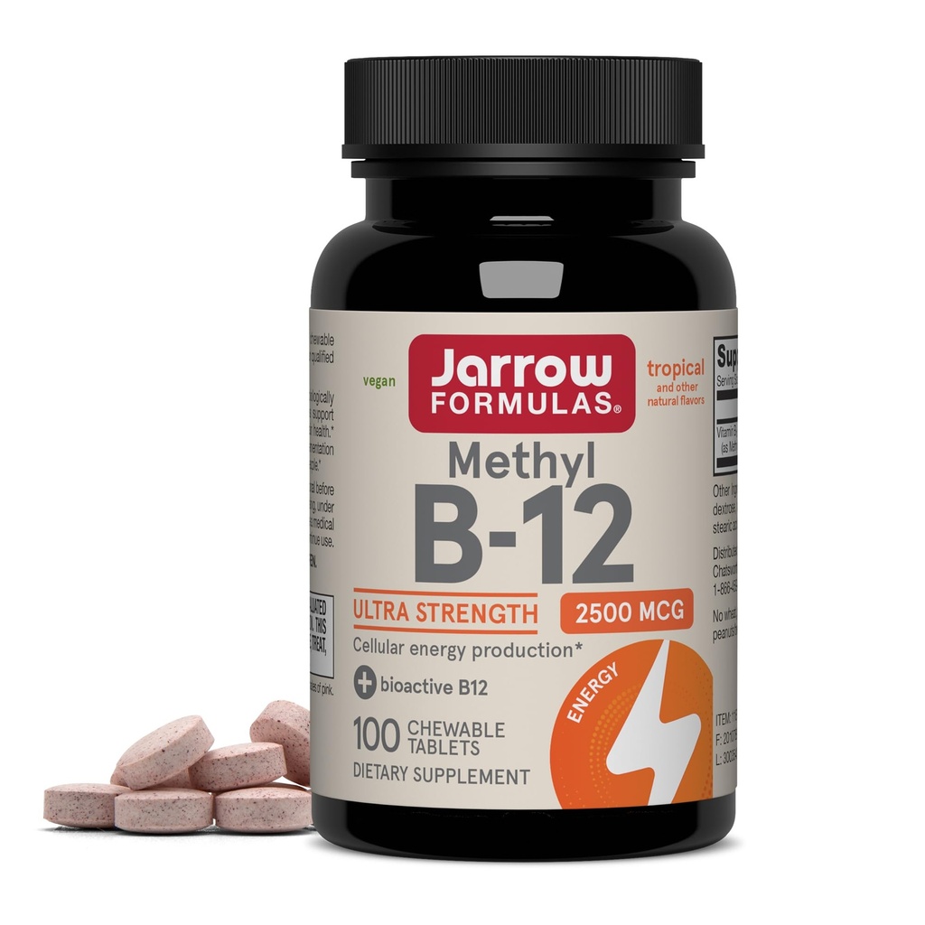 Jarrow Formules Ultra Strength Methyl B-12, Dieetsupplement voor Cellular Energy Production, 100 Tropical-Flavored Kauwtabletten, Tot een 100-daagse levering