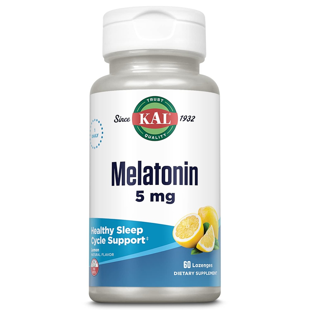KAL Melatonine 5mg slaaphulp Lozenges, Melatonine supplement ondersteunt slaapkwaliteit, kalmerende ontspanning en een gezonde slaapcyclus, met toegevoegde vitamine B6, vegetarisch, natuurlijke citroen smaak, 60 Lozen