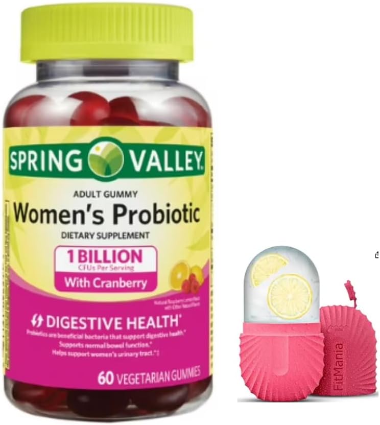 FitMania Spring Valley Vrouwen Cranberry Probiotic Supplement Spring Valley Vegetarische Gummies, Raspberry Lemon, 60 Tellen en een Gift Ice Roller voor gezicht