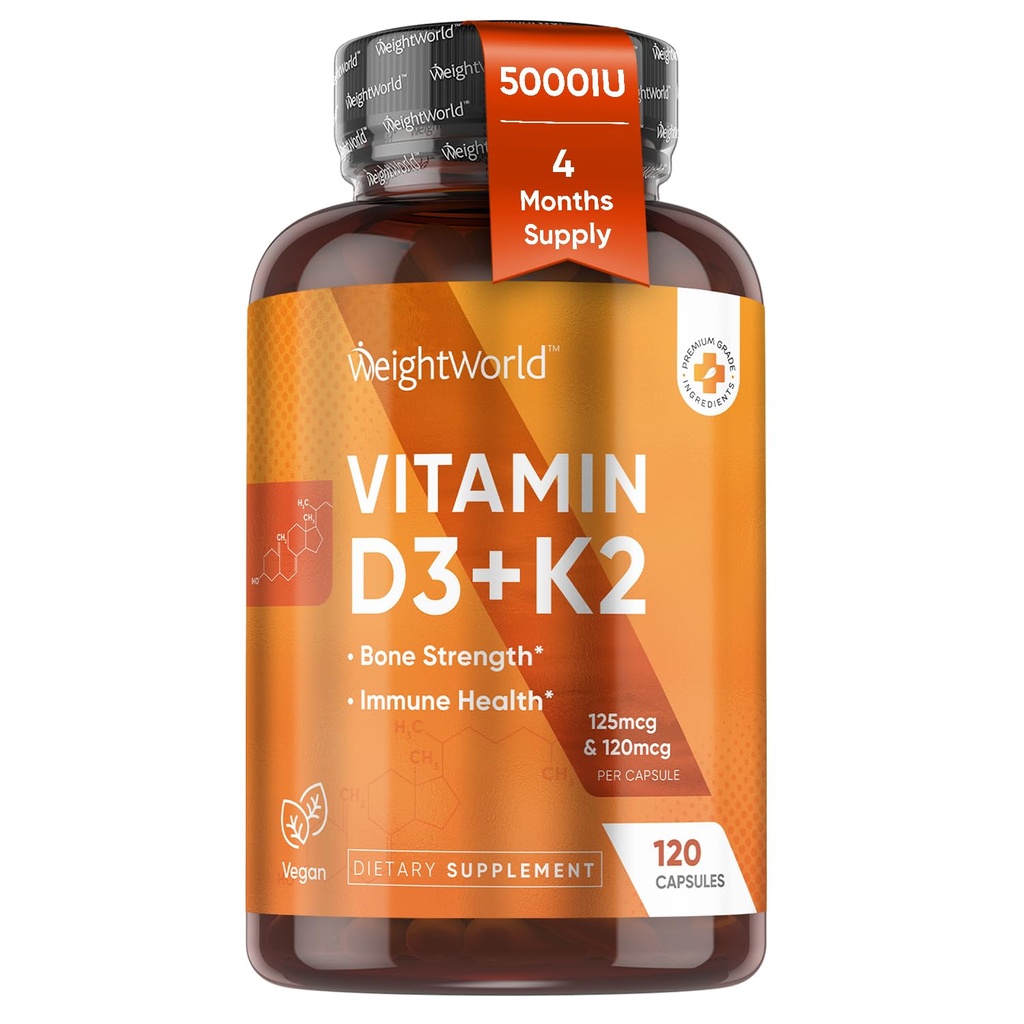 GewichtWorld Vegan Vitamin D3 K2-120 Capsules - 5000 IE D3 & K2 120 mcg voor botsterkte & Immune Health K2 D3 Vitaminesupplement Plant-Based Cholecalciferol uit Wild Harvested Lichen