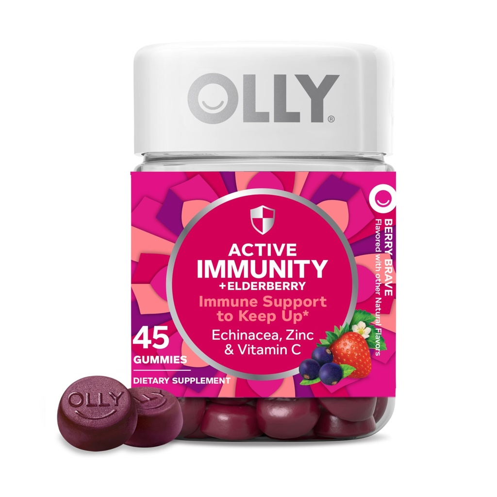 OLLY Immunity Gummy, Immune Support, Vlierbes, Zink, Vitamine C, Supplement, Berry Flavor, 15 dagen levering - 45 Tellen