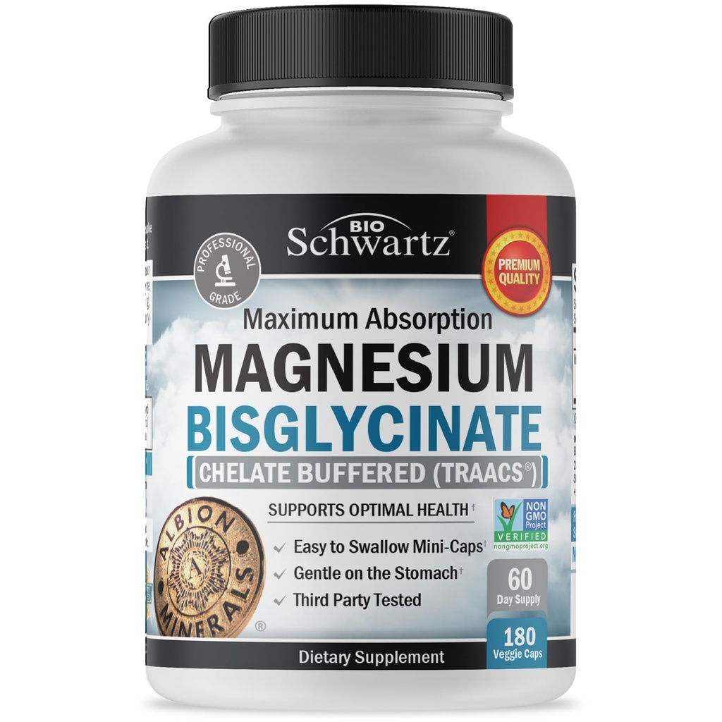 Magnesiumbisglycinaat chelated supplement - High Absorptie Magnesium Supplement for Muscle, Bone & Joint Support - Non-GMO, Non-Laxative, Fully Buffered for Maximum Biobeschikbaarheid - 180 Capsules
