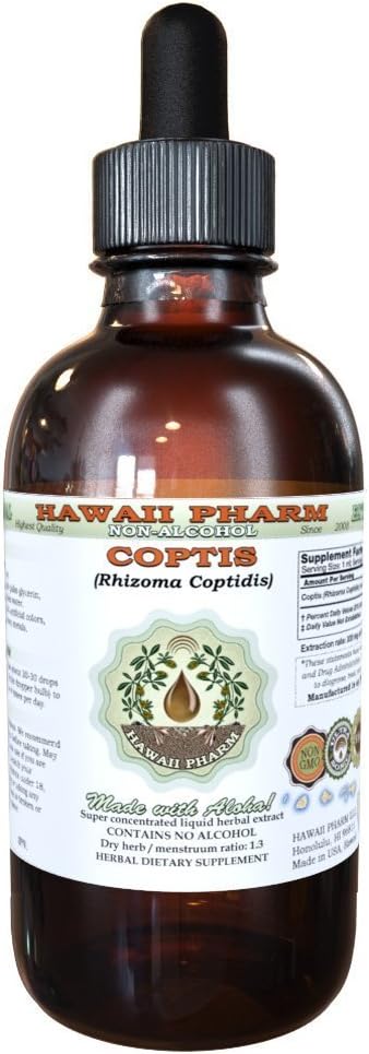 Coptis Alcoholvrije Liquid Extract, Coptis (Rhizoma Coptidis) Gedroogde Wortel Glycerite Hawaii Pharm Natural Kruidensupplement 2 oz