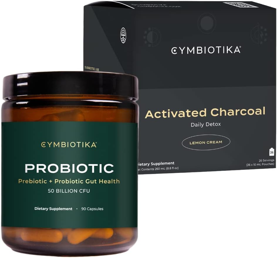 CYMBIOTIKA Probiotic 50 Miljard CFU & Geactiveerde Charcoal Liquid Supplement, ondersteunt gezonde spijsvertering voor mannen en vrouwen, maagontgifting en spijsverteringsvermindering, helpt verlichten van gas & opgeblazen, gemakkelijk te gebruiken