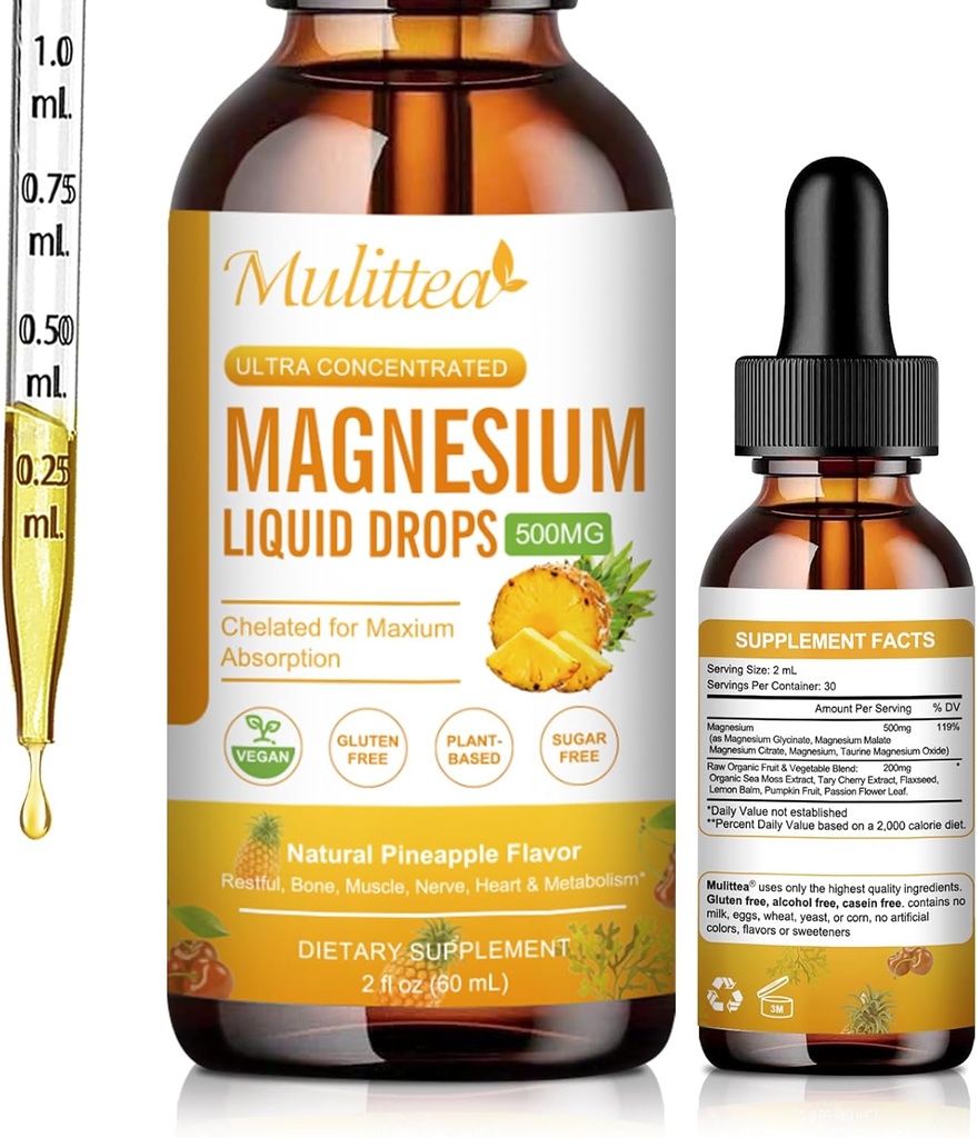 Magnesium Liquid Drops - High Absorption 5-in-1 Magnesium Complex Supplement with Magnesium Glycinate, Malate, Citrate, Taurate - for Bone, Muscles, Nerves & Energy - Vegan, Sugar Free, 2 Fl.oz