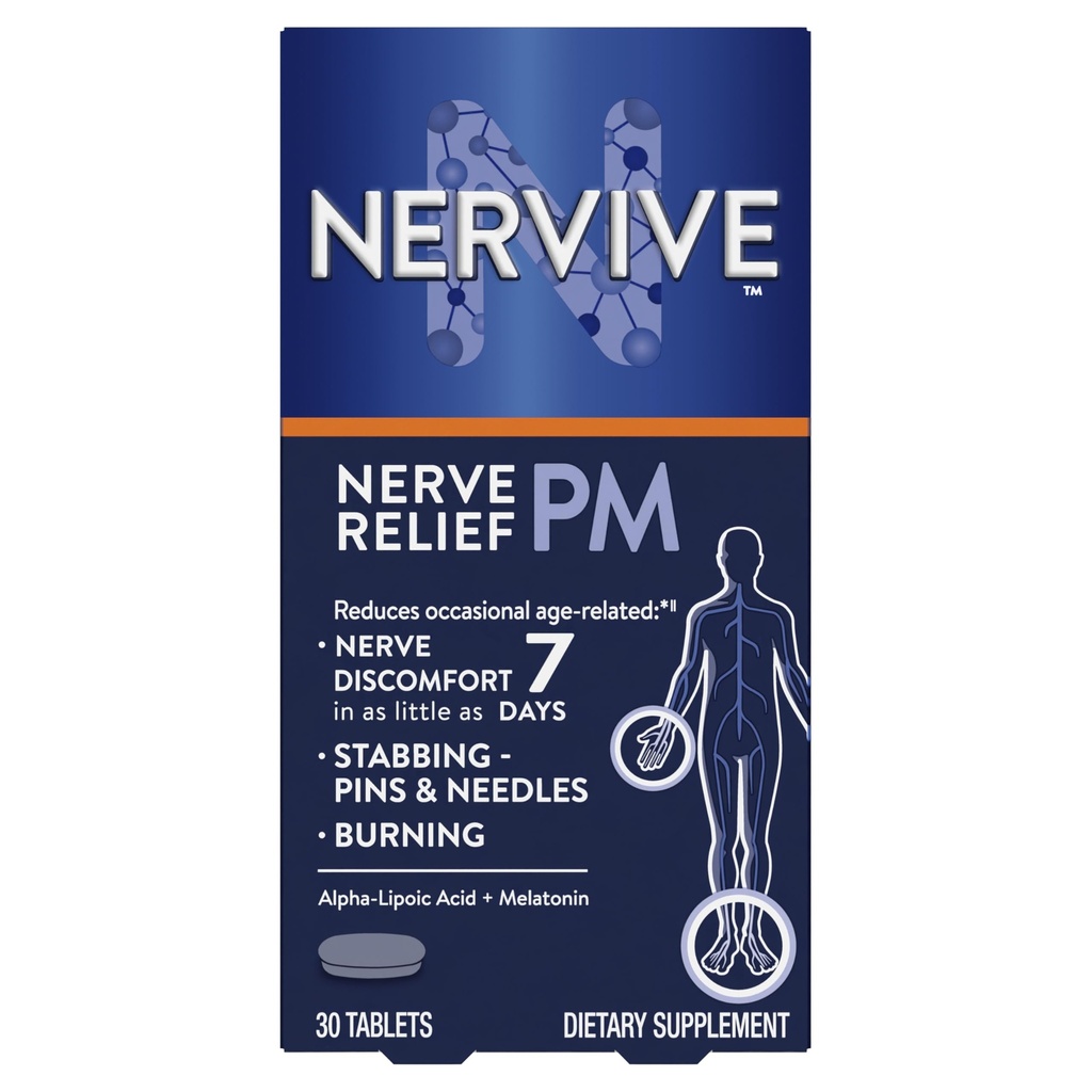 Nervive Nerve Relief PM, Occasional Nerve Discomfort II, Slaaphulp, begint te werken in 7 dagen, steken, branden, Alpha Lipoïne Acid, Melatonine, B Vitaminen, Kurkuma, Gember, Nervive Supplement, 30 ct