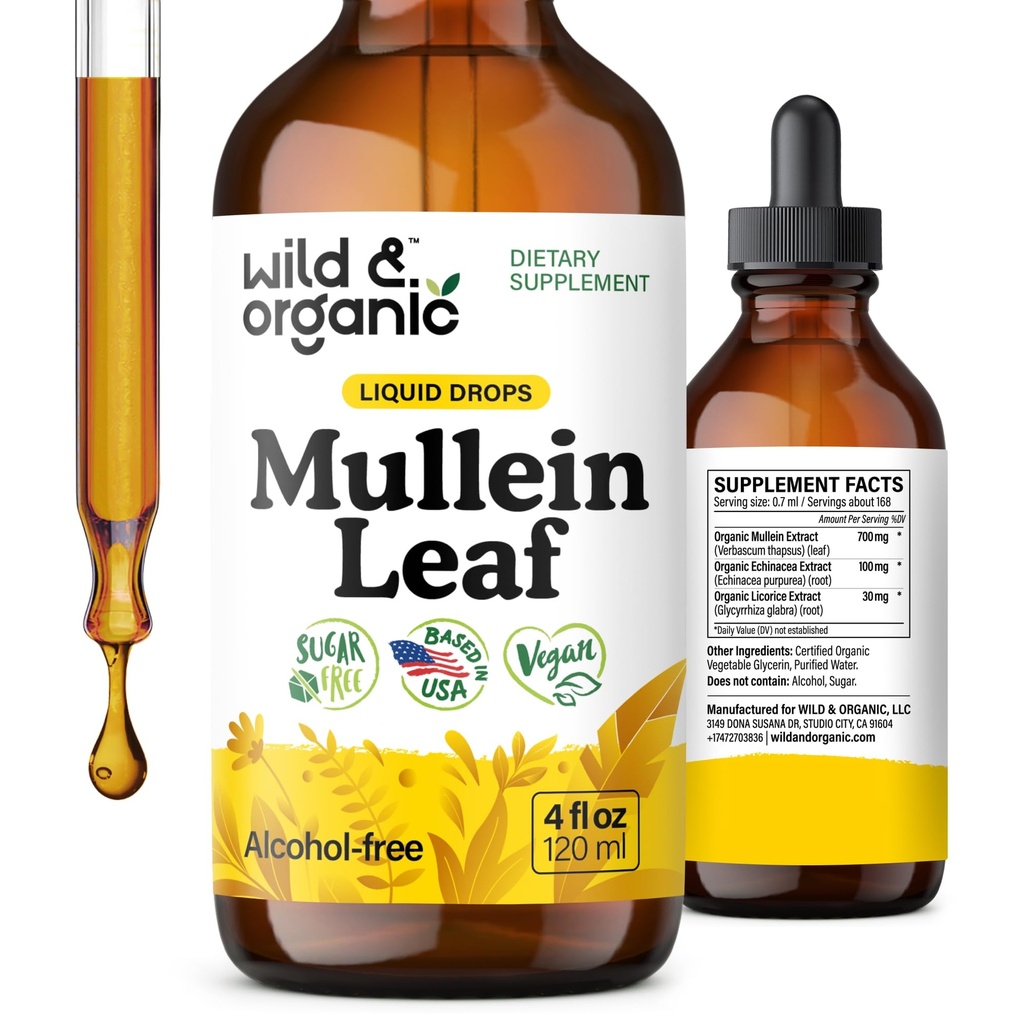 Wild & Organic Mullein Tinctuur - Lung Cleanse and Detox - Liquid Mullein Leaf Extract for Longs with Echinacea - Verbascum Thapsus Drops - Vegan, Sugar & Alcohol-Free Supplement - 4 fl oz