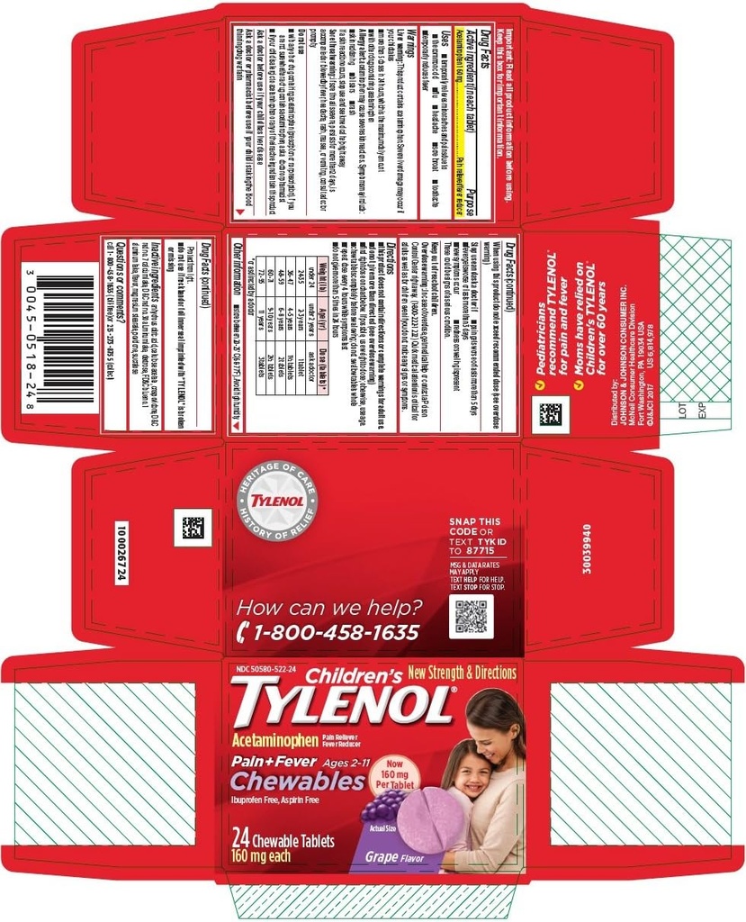 Tylenol Kinderpijn + koorts Kauwtabletten Druivensmaak - 24 ct, Verpakking van 4