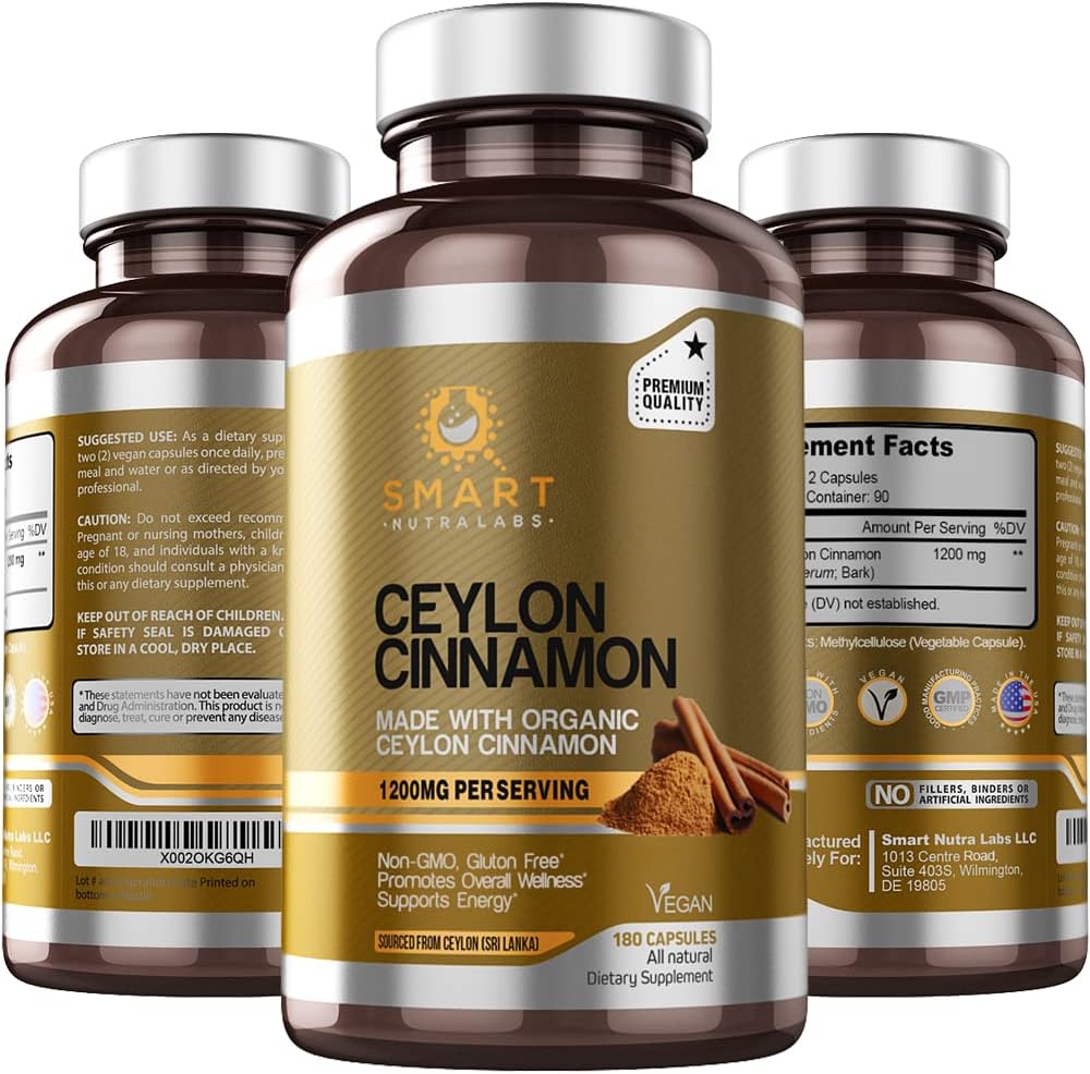 Smart Nutra Labs Biologische Ceylon Cinnamon Supplement 1200mg per Serving, 180 Vegan Capsules, 100% Pure, True Ceylon Cinnamon