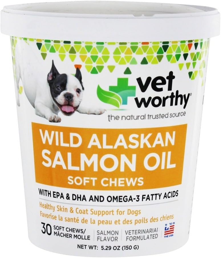 Vet Worthy Salmon Oil Skin and Coat Soft Kauwen voor honden - Hondensupplement ter ondersteuning van gezonde huid en mooie jas - Visolie supplement met Omega 3 vetzuren - Zalm smaak - 30 Zachte Kauwen