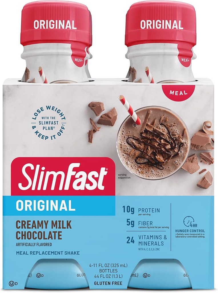 SlimFast Maaltijd vervanging Shake, Original Romy Milk Chocolate, 10g klaar om eiwit te drinken voor gewichtsverlies, 11 Fl. Oz fles, 4 Tellen (Verpakking mei Vary)
