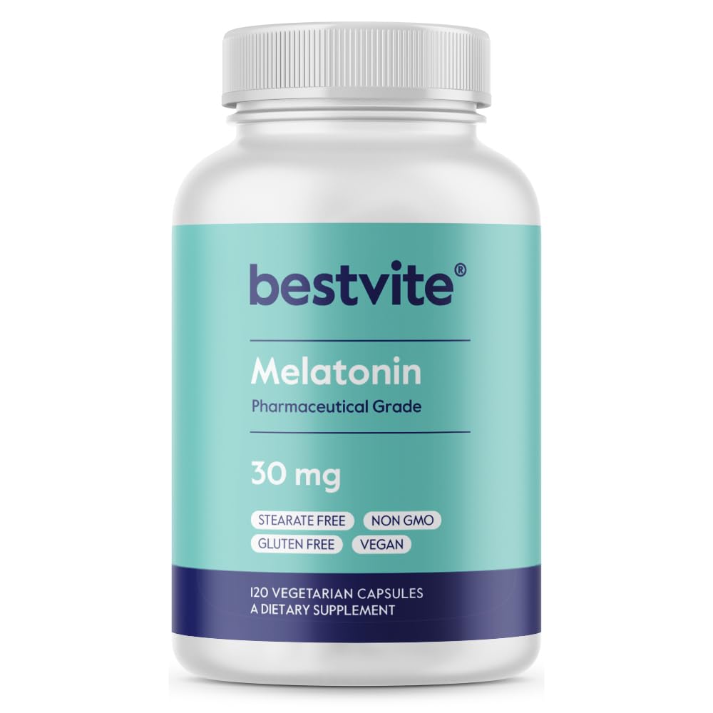 BESTVITE Melatonine 30mg (120 Vegetarische Capsules) - Geen Stearates - Veganistisch - Niet GGO - Glutenvrij - Hoge dosis Melatonine