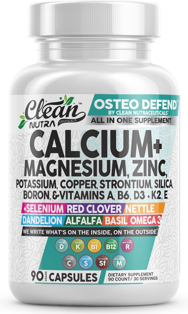 Allin1 Calcium Magnesium Zink Supplement met Kalium, Koper, Strontium, Silica, Vitamine D3 K2, Boron, Vitamine B1 B12 Red Clover Herb Alfalfa Basil Pillen voor mannen en vrouwen Clean Nutra Osteo Defend