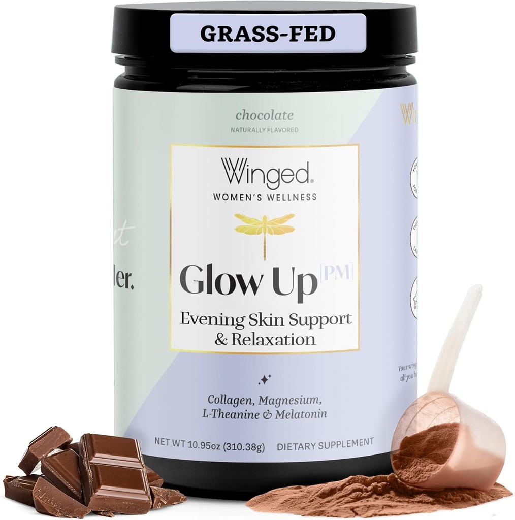 Winged Wellness Glow Up PM Collagen Peptide Powder  Gras Fed Collageen w/Magnesium, L-Theanine en Melatonine I Chocolate, 21 porties