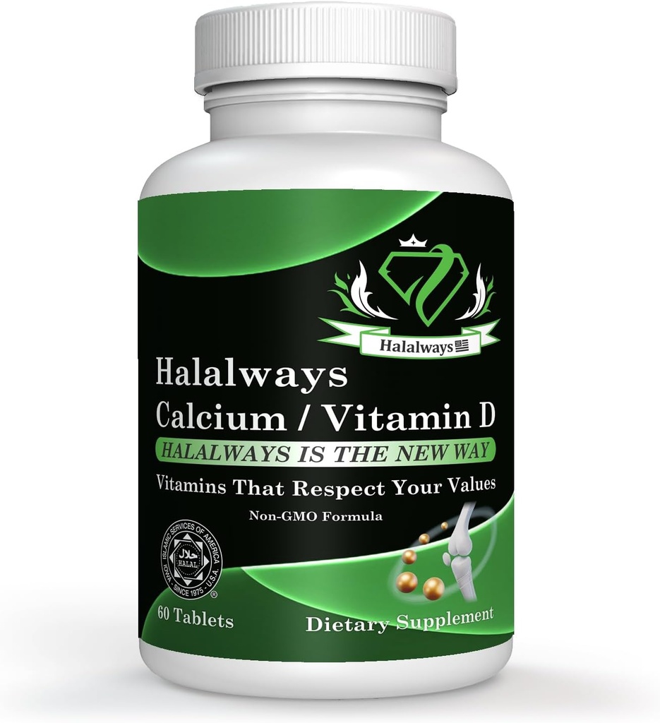 Halalways Calcium/Vitamine D Gecertificeerde Halal Supplement Bone Health Support, met Calcium & Vitamin D, Dieetsupplement, Vitamine Supplementen, voor mannen & vrouwen, (650 mg Calcium, Vitamine D 10mcg)