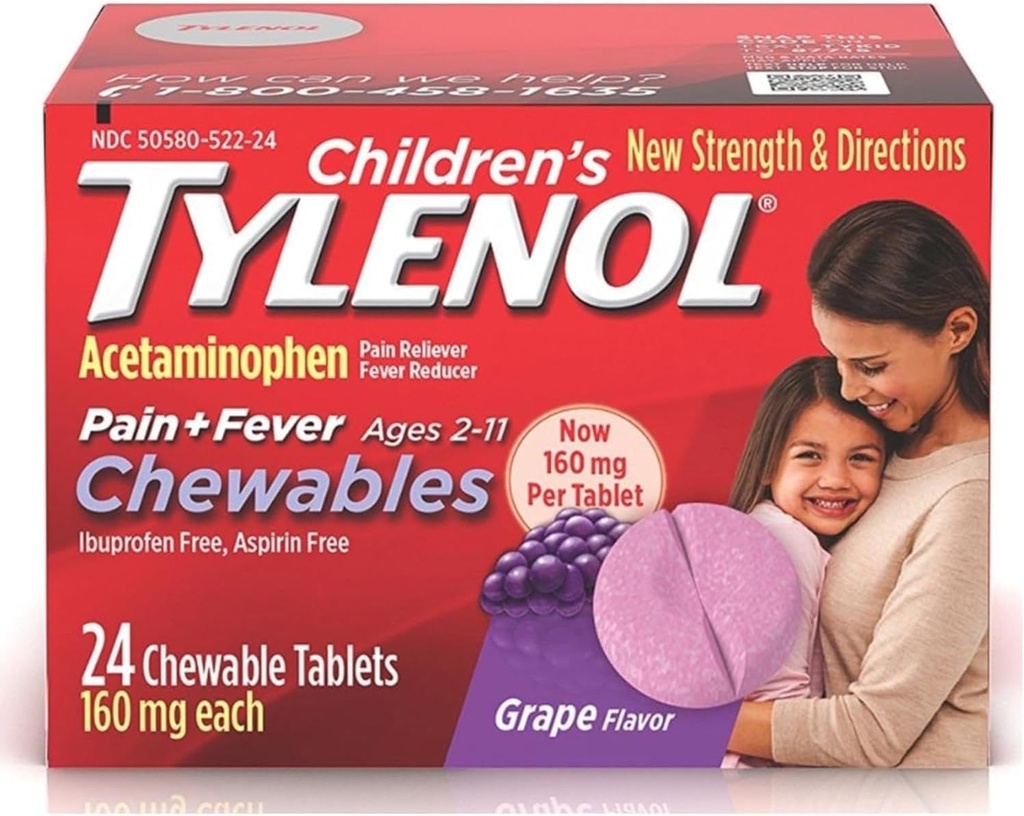 Tylenol Kinderpijn + koorts Kauwtabletten tabletten 160 mg, druivensmaak 24 ea (3 verpakkingen)