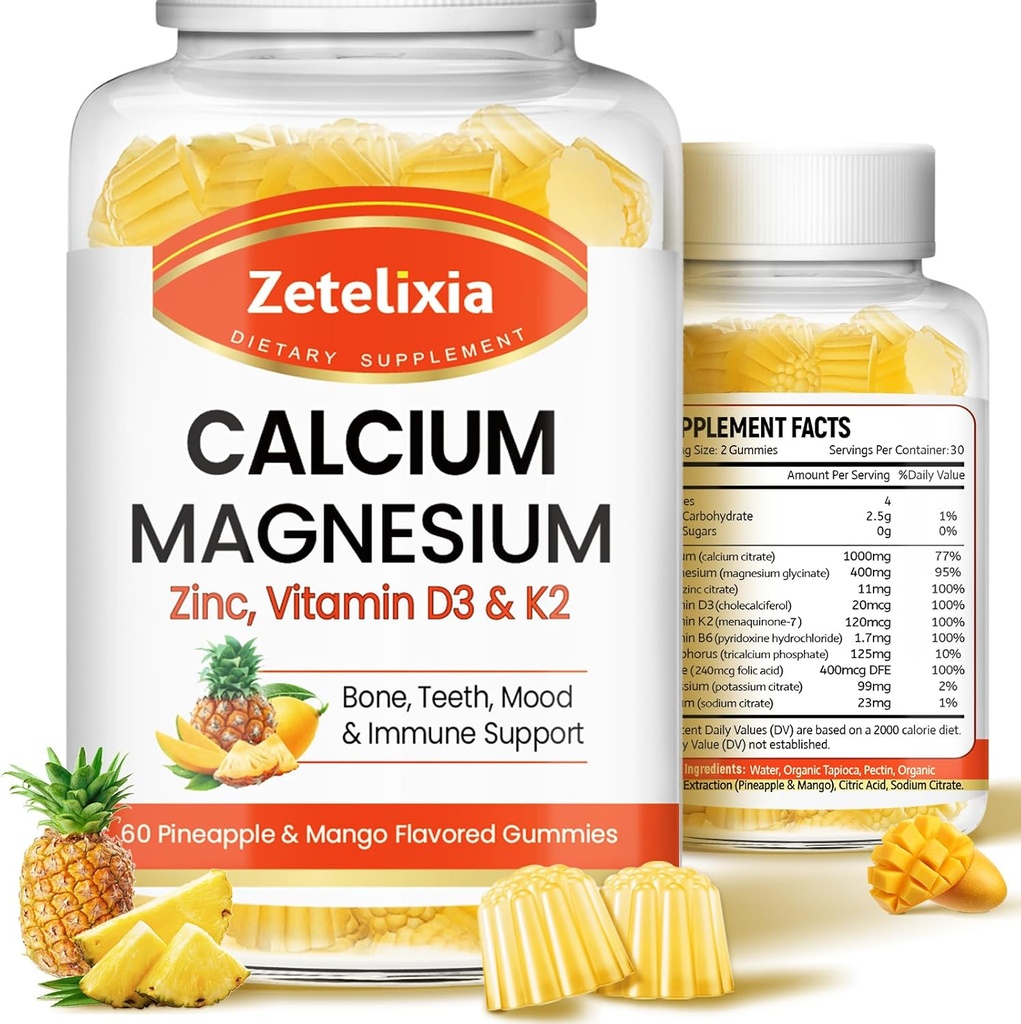 Calcium Gummies for Women Mannen, Calcium Magnesium Zink met Vitamine D3 & K2, Calcium Magnesium Supplement voor B0nes Spieren, Ananas & Mango Smaak - 120 Tellen