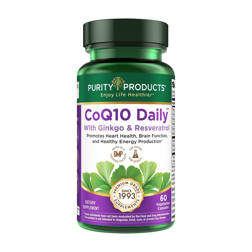 Zuiverheid Producten CoQ10 Dagelijkse Super Boost met Ginkgo en Resveratrol van ondersteunt gezonde energieniveaus en gezonde hersenfunctie - 60 Vegetarische Capsules