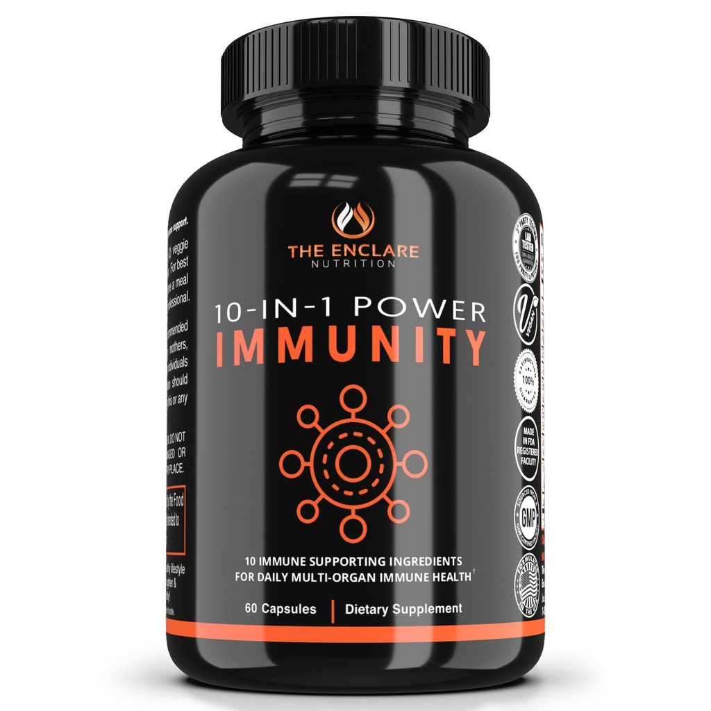 THE ENCLARE NUTRITION 10 in 1 Immuun Support Booster Supplement met Echinacea, Vitamine C en Zink, Kurkuma, Gember, B6, Vlierbes voor Volwassenen Immuun Verdediging Vitaminen, Made in USA Veg Cap 60 Ct (1)