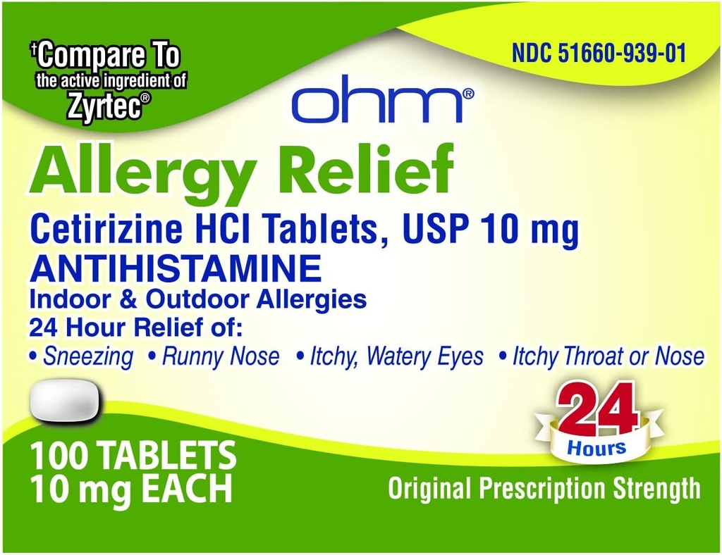 Ohm Cetirizine 10 mg Tablet - All Day Allergie Relief - 100 Telling - Anti-Histamine voor Hay Fever, Pollen, Dry Itchy Eyes - Effective Relief from All Day Allergies