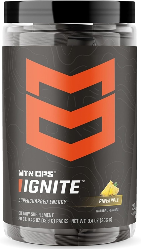 MTN OPS Ignite Trail Packs Energy Drink Powder, Glutenvrije Nootropic Supplement Drink Mix, L Arginine, L Citrulline, Cafeïne en Nootropic Sugar Free Drink Mix, 20 Servers, Ananas Crush