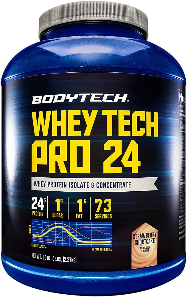 BODYTECH Whey Tech Pro 24 Protein Powder - Proteïne Enzyme Blend with BCAA's to Fuel Muscle Growth & Recovery, Ideaal voor post-workout spieropbouw - Aardbei Shortcake (5 pond)