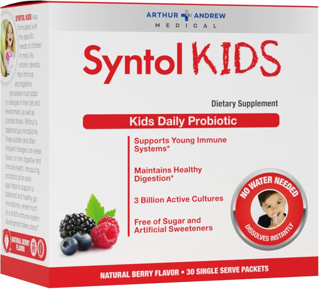 Arthur Andrew Medical, Syntol Kids, Daily Probiotic Supplement voor de spijsvertering van de gezondheid en jonge immuunsystemen, Geen suiker of kunstmatige zoetstoffen, Berry Flavor, Vegan, 30 Sachets