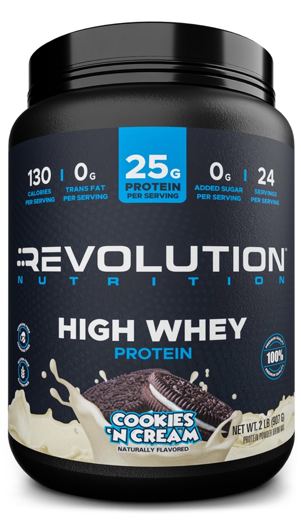 Revolution Nutrition, High Wei, Protein Powder 2LB, Wei Isolaat, Glutenvrij, Lean Muscle Mass for Men & Women, 25g Protein Per Scop, 908 g, 24 Servers (Cookies & Cream, 2 Pond)