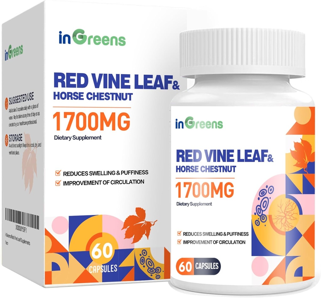 Red Vine Leaf Extract 1700mg & Horse Chestnut Extract Supplementen, Ondersteunt vet, huidgezondheid, Circulatie voor benen(1Pack)