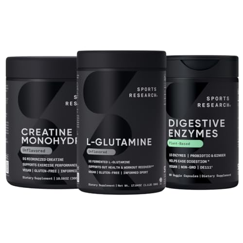 Sportonderzoek L-Glutamine (100 porties), Creatine Monohydraat (60 porties) en Digestieve Enzymen met Probiotica & Gember (90 porties) - Alle niet-GGO geverifieerd, Veganistisch & Glutenvrij