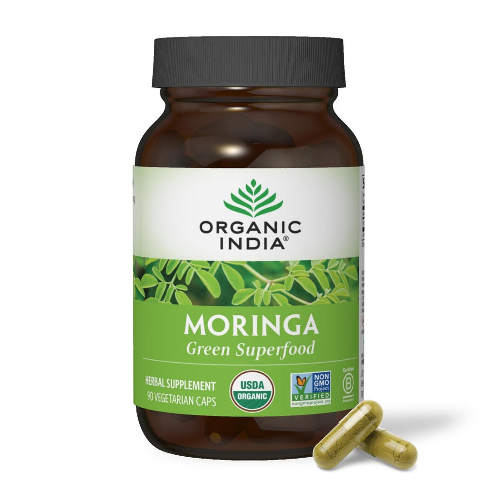 ORGANISCHE INDIA Moringa Capsules Biologische - Moringa Supplement - Green Superfood, Moringa Leaf Capsules, Pure Supergreen, Vegan Greens, Nature's Multivitamine, Vegan, Glutenvrije - 90 Capsules
