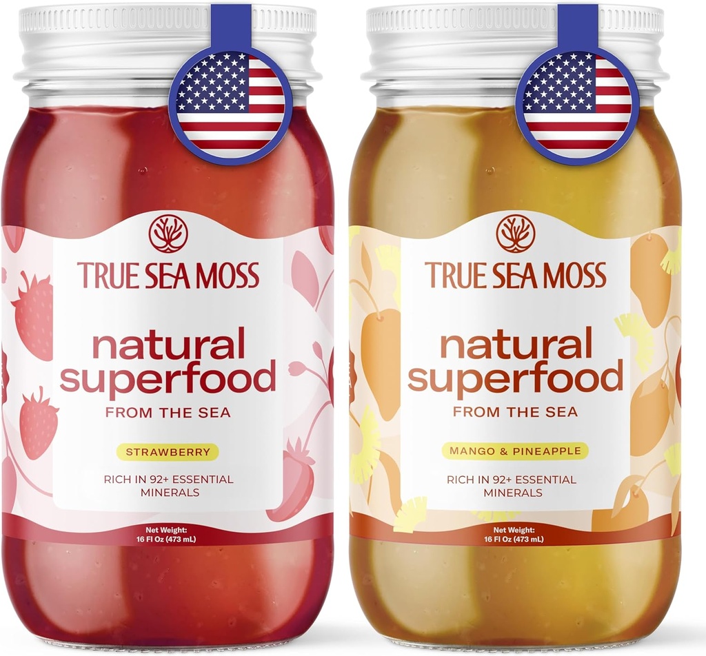 TrueSeaMoss Wildcrafted Irish Sea Moss Gel Mango and Strawberry Bundle Organic Raw Seamoss Rich in Minerals, Proteins & Vitamins