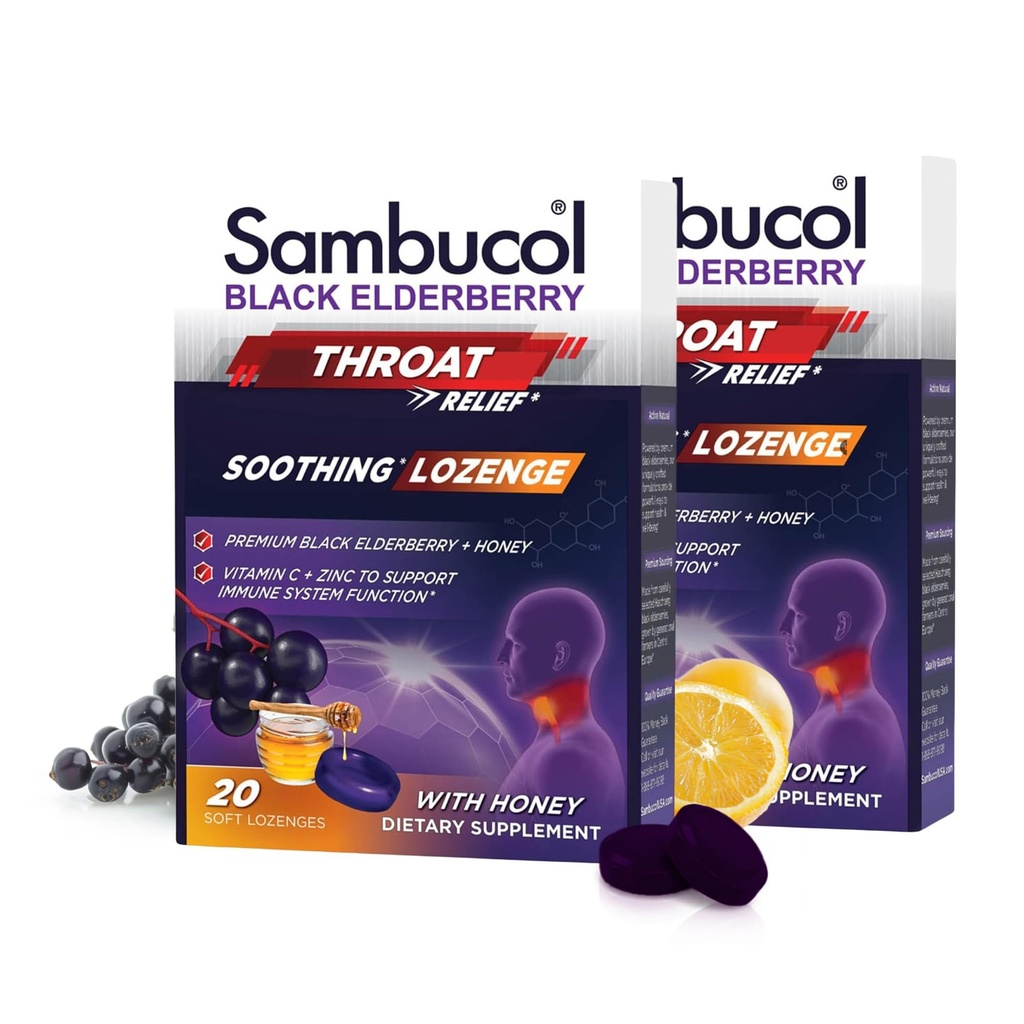 Sambucol Black Elderberry Throat Lozenge - met honing, vitamine C & Zink, Vlierberry Loszenges Sore Throat & Cough, Soothes Scratchy Throat, ondersteunt Immunity, Soft & Chewy - 20 Tellen, 2-Pack