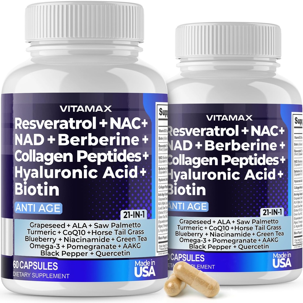 Vitamax Resveratrol NAD+ Berberine Hyaluronzuur - Biotin Grape & Blueberry + NAC - Collageen Peptides - Hair, Nail, Skin & Joint Supplement - 21-in-1 Women and Men - Made in USA - 120 Count