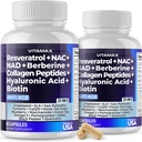 Vitamax Resveratrol NAD+ Berberine Hyaluronzuur - Biotin Grape & Blueberry + NAC - Collageen Peptides - Hair, Nail, Skin & Joint Supplement - 21-in-1 Women and Men - Made in USA - 120 Count