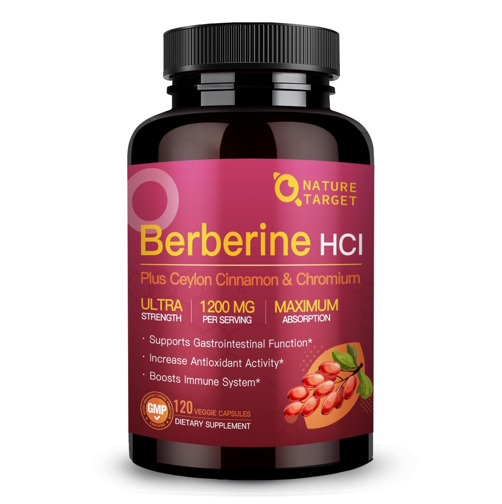 NATURE TARGET Berberine HCl 1200mg, Berberine Supplement met Ceylon Cinnamon, Chroom - Ondersteunt Immune, Gastro-intestinale en Hartgezondheid, Non-GMO, 120 Capsules