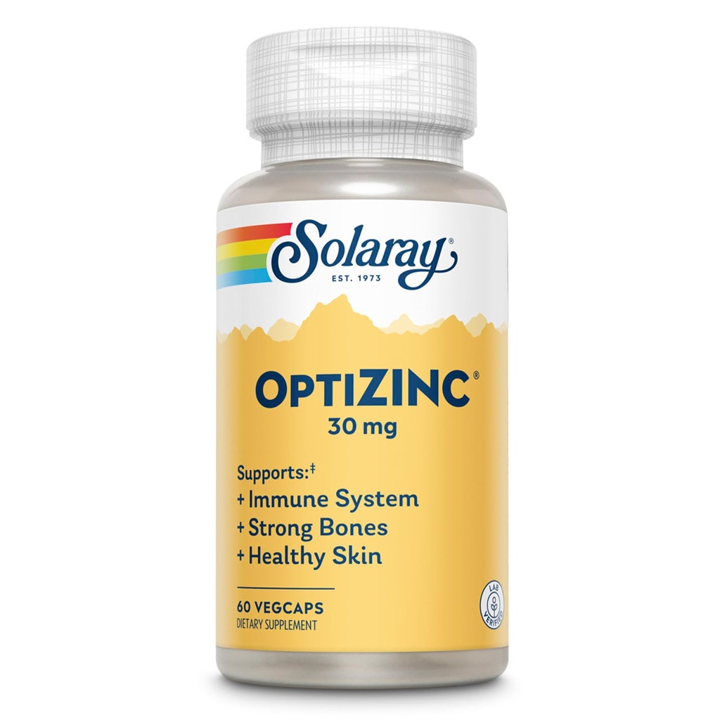 SOLARAY OptiZinc 30mg Immune Support Supplement - Zinksupplementen voor mannen en vrouwen w/Vitamine B6 - Sterke botten en huidgezondheidsondersteuning - Hoge absorptie - 60 dagen garantie, 60 porties, 60 VegCaps