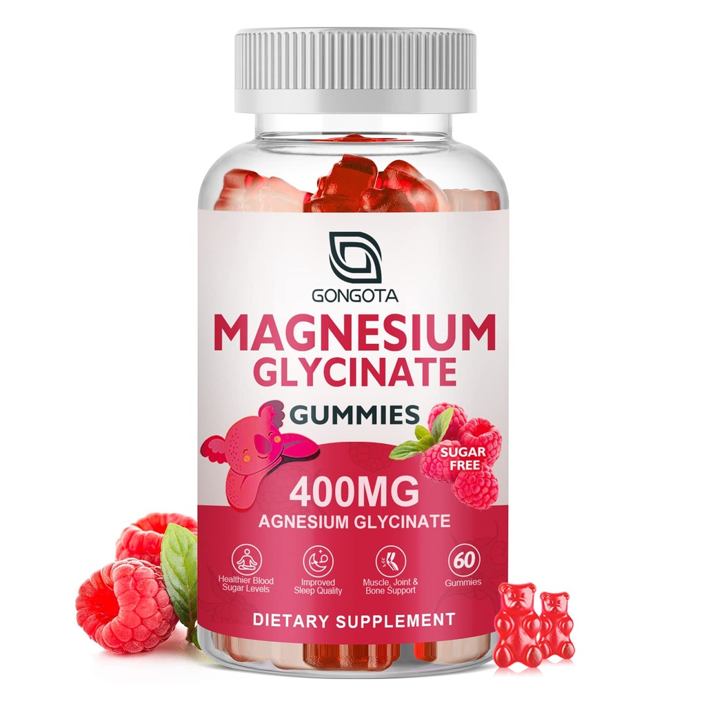 Magnesium Glycinate Gummies 400 mg met 100 mg samengesteld magnesium - gecheleerd magnesium Kaliumsupplement met vitamine D, B6 ondersteunt kalm, slaap, geheugen en spierkrampen, sugarvrij - 60 Gummies