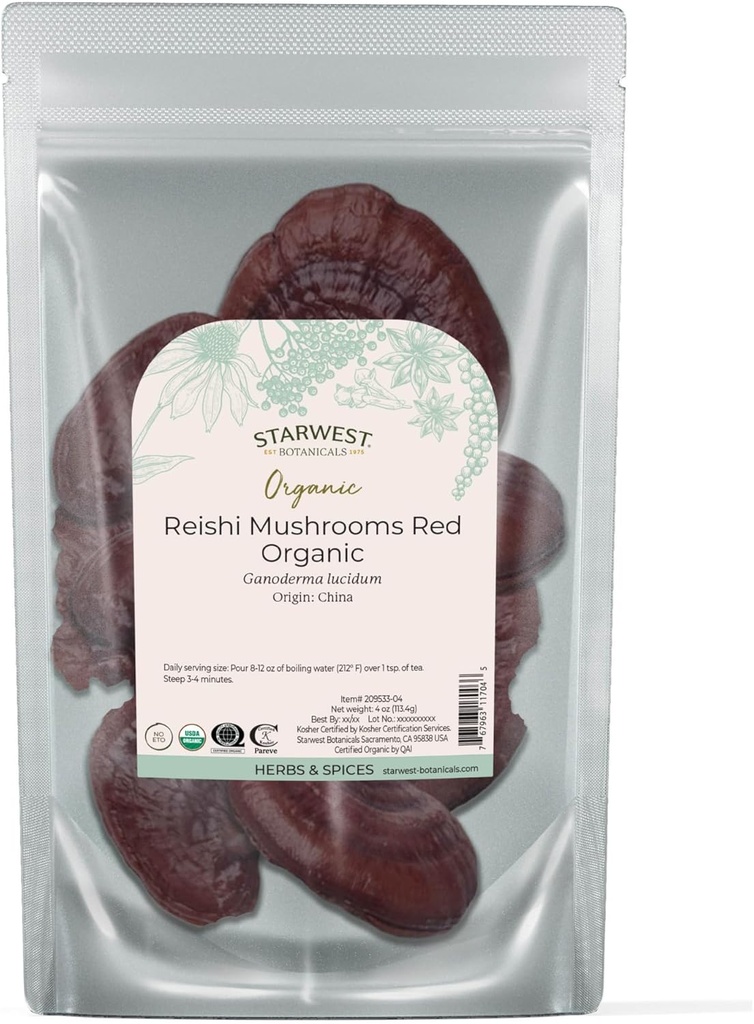 Starwest Botanicals Rode Reishi Paddestoelen Geheel biologisch - Gedroogde Reishi Paddestoelen voor kruidenthee &amp; koken, Ganoderma Lucidum, Gecertificeerde Kosjer, Niet-GMO - 4 oz Pouch