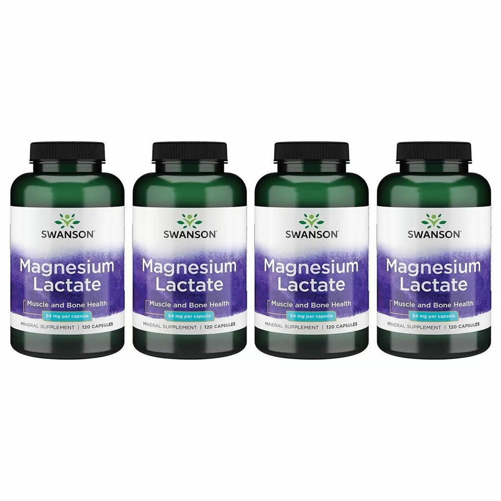 Swanson Magnesium Lactaat - Mineral Supplement Promoting Muscle and Bone Health Support - Lactose-Free Lactate Mineral Form for Gentle Absorptie - (120 Capsules, 84mg Each) 4 Pack