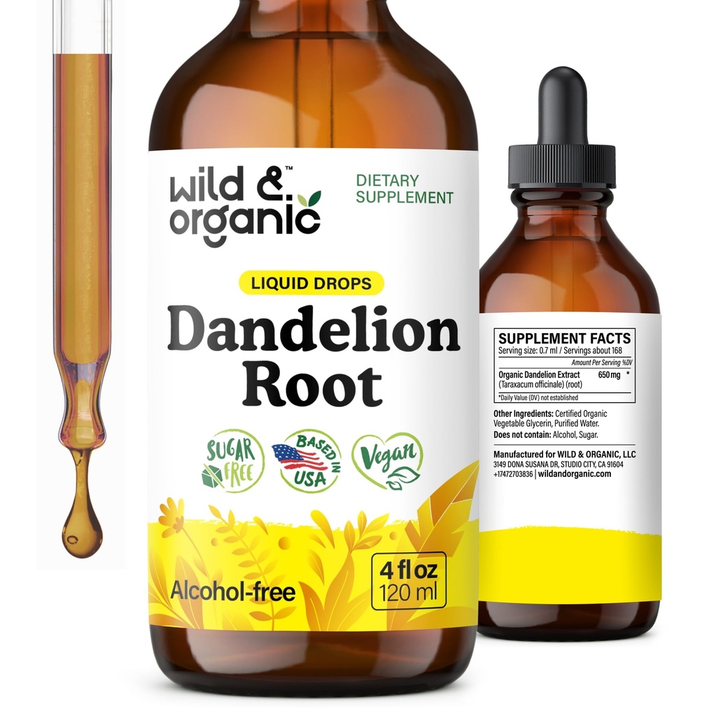 Wild & Organic Dandelion Root Extract Drops - Leverreiniging Detox Ondersteuning - Dandelion Tinctuur voor de gezondheid van de lever - Veganistisch, Suiker & Alcoholvrije Liquid Supplement - 4 fl oz