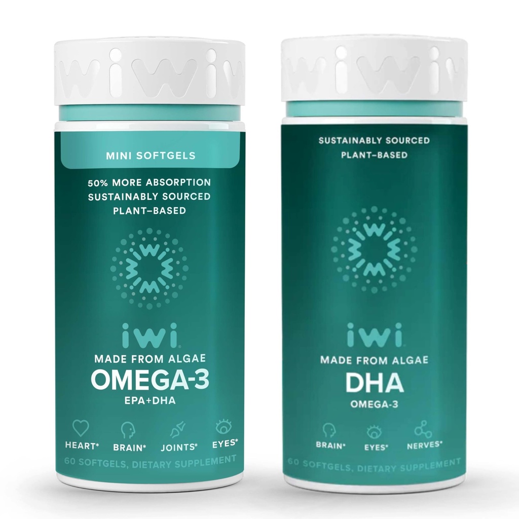 Iwi Omega-3 Minis & DHA Omega-3 Bundle, 30 Servers, Vegan Plant Based Algen Omega 3, Krill & Fish Oil Alternative, No Fishy Aftersmaak
