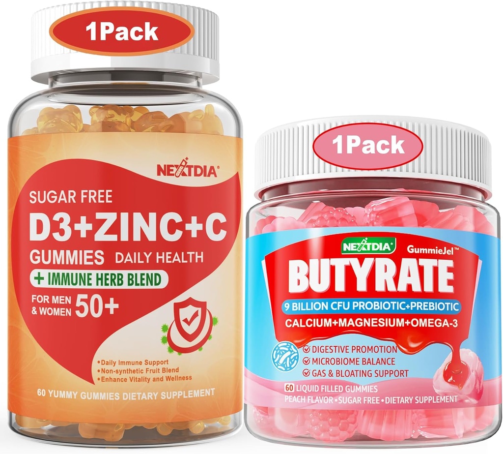 Suikervrij Vitamine C + D3 + Zink Gummies voor volwassenen 50 + Butyrate Gummies met Probiotic + Prebiotic + Postbiotic