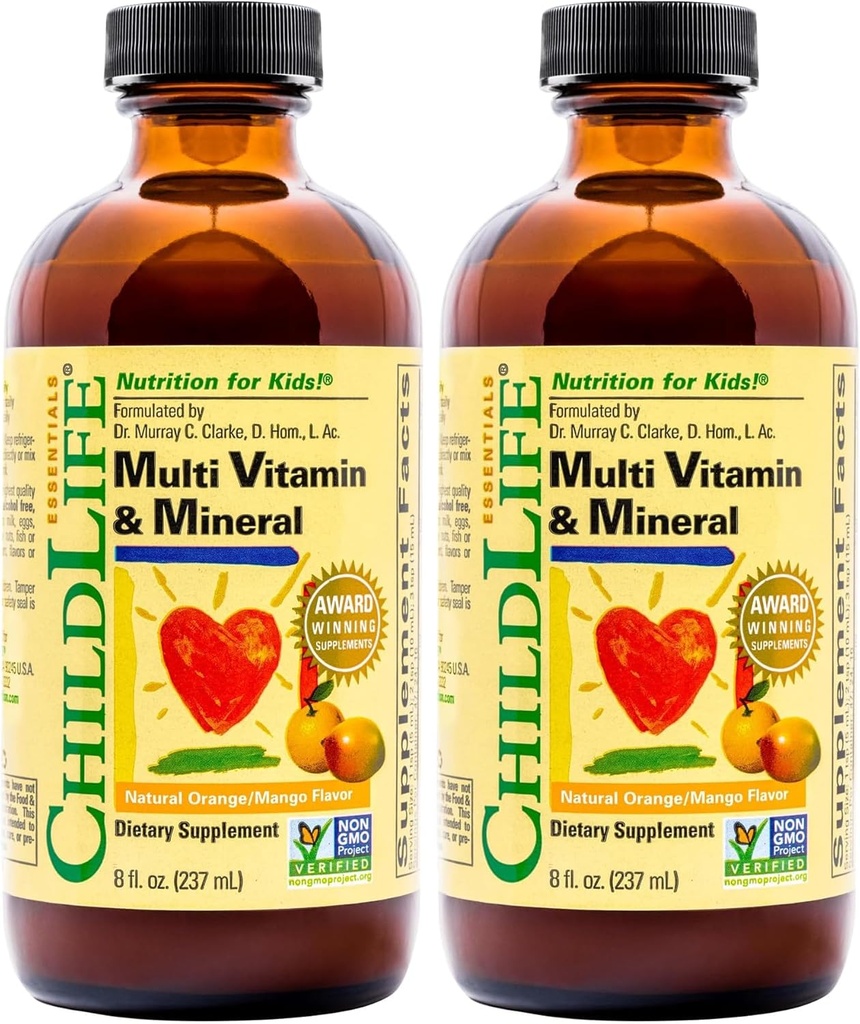 KINDLIFE ESSENTIËLES, Kids Liquid Multivitamine en Mineraal Supplement - Liquid Vitamines voor kinderen, all-natural, Gluten-Free, Non-GMO - Natural Orange & Mango Smaak, 8 Ounce Fles (pakket van 2)