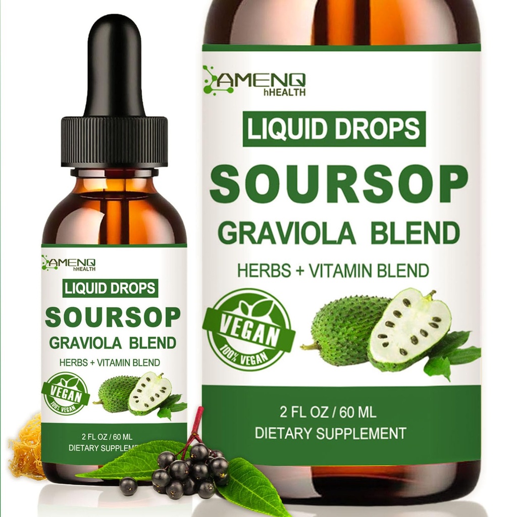 Soursop Graviola Liquid Drops, Biologische Soursop Leave Extract w/Sea Moss, Vlierbessen Vitamine C en Zink, 16-in-1 Soursop Bitters Liquid for Cell Support, Antioxidant and Immune Support 2 Fl/Oz
